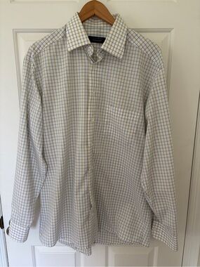Men’s Casa Moda Freshirt Bugelfrei White Button Down Blue & Tan Windowpane 42